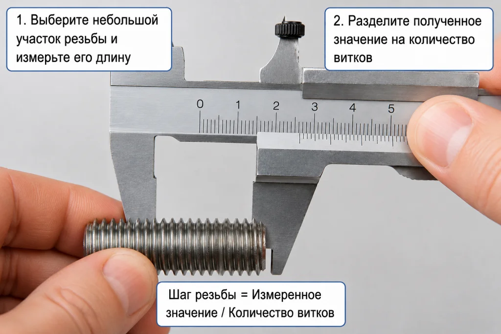 Измерение шага метрической резьбы штангенциркулем на болте путем замера длины нескольких витков резьбы и расчета шага резьбы по формуле