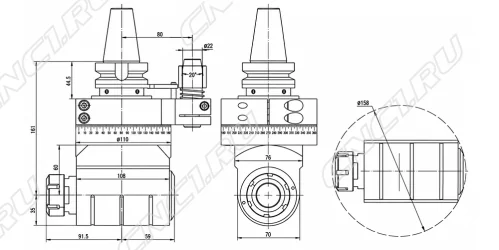Чертеж Угловая фрезерная головка с наклоном 90 град. AG90-BT50-ER32-60