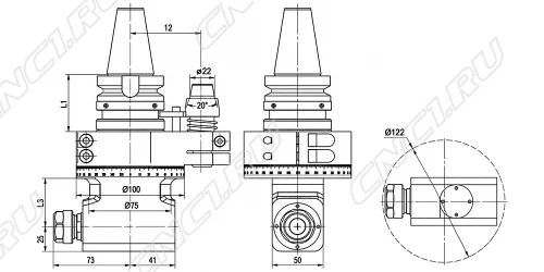 Чертеж Угловая фрезерная головка с наклоном 90 град. AG90-BT40-ER20-50 