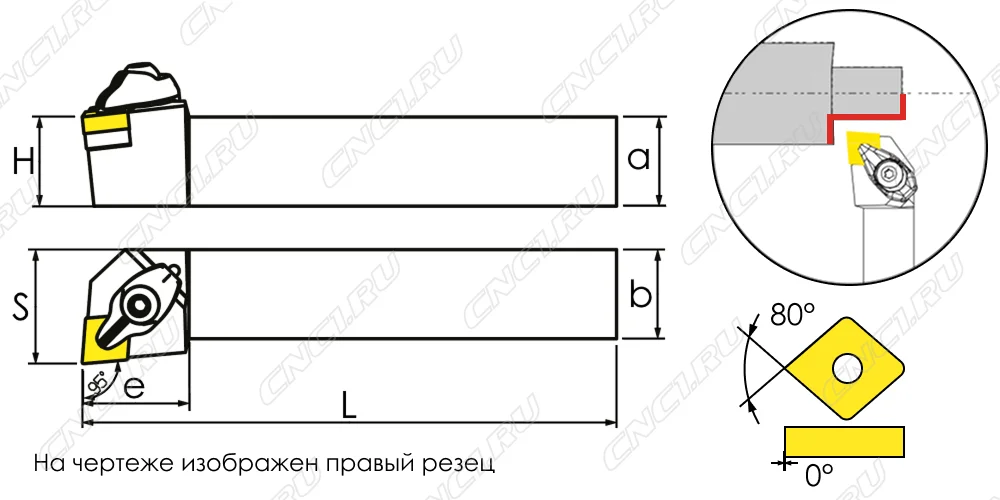 Чертеж правой державки DCLNR: размеры корпуса, главный угол 95° и ромбическая пластина 80°