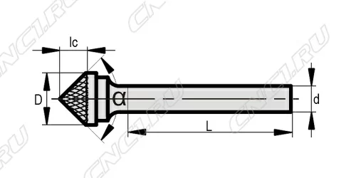 Чертеж Борфреза коническая 90° (тип К), двойная насечка, K120606, серебряная пайка