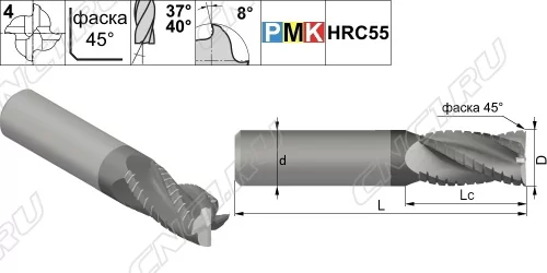 Чертеж PMK10L.z4.12.40.100.37/40.F030.TiAlN Фреза концевая твердосплавная по металлу