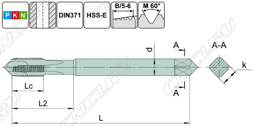Чертеж TSP1.M3х0,5.6H.DIN371.M35 Метчик М3х0,5 для сквозных отверстий, DIN371, без покрытия