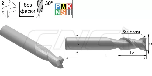 M2S Микрофрезы 2-зубые с прямым углом при вершине и углом подъема спирали 30°